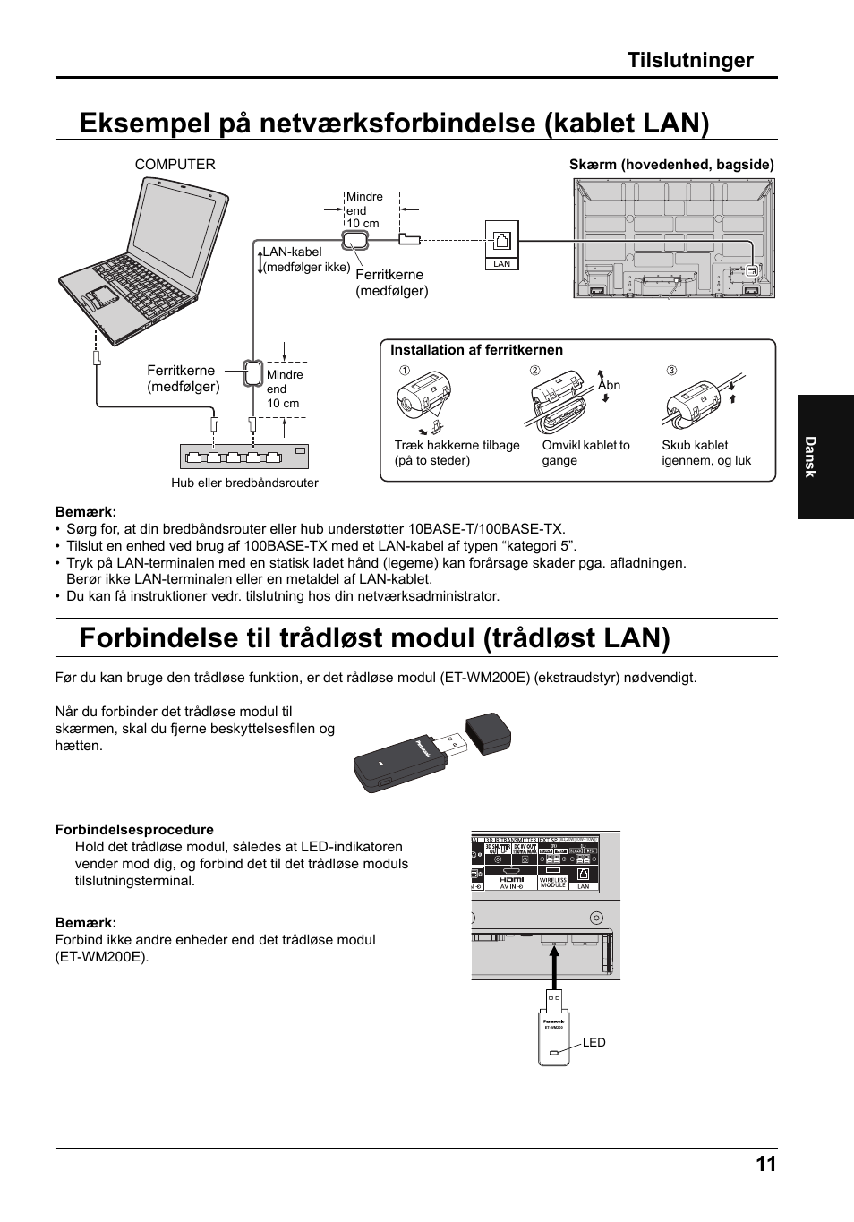 Eksempel på netværksforbindelse (kablet lan), Forbindelse til trådløst modul (trådløst lan), Tilslutninger | Panasonic TH65PF50E User Manual | Page 47 / 72