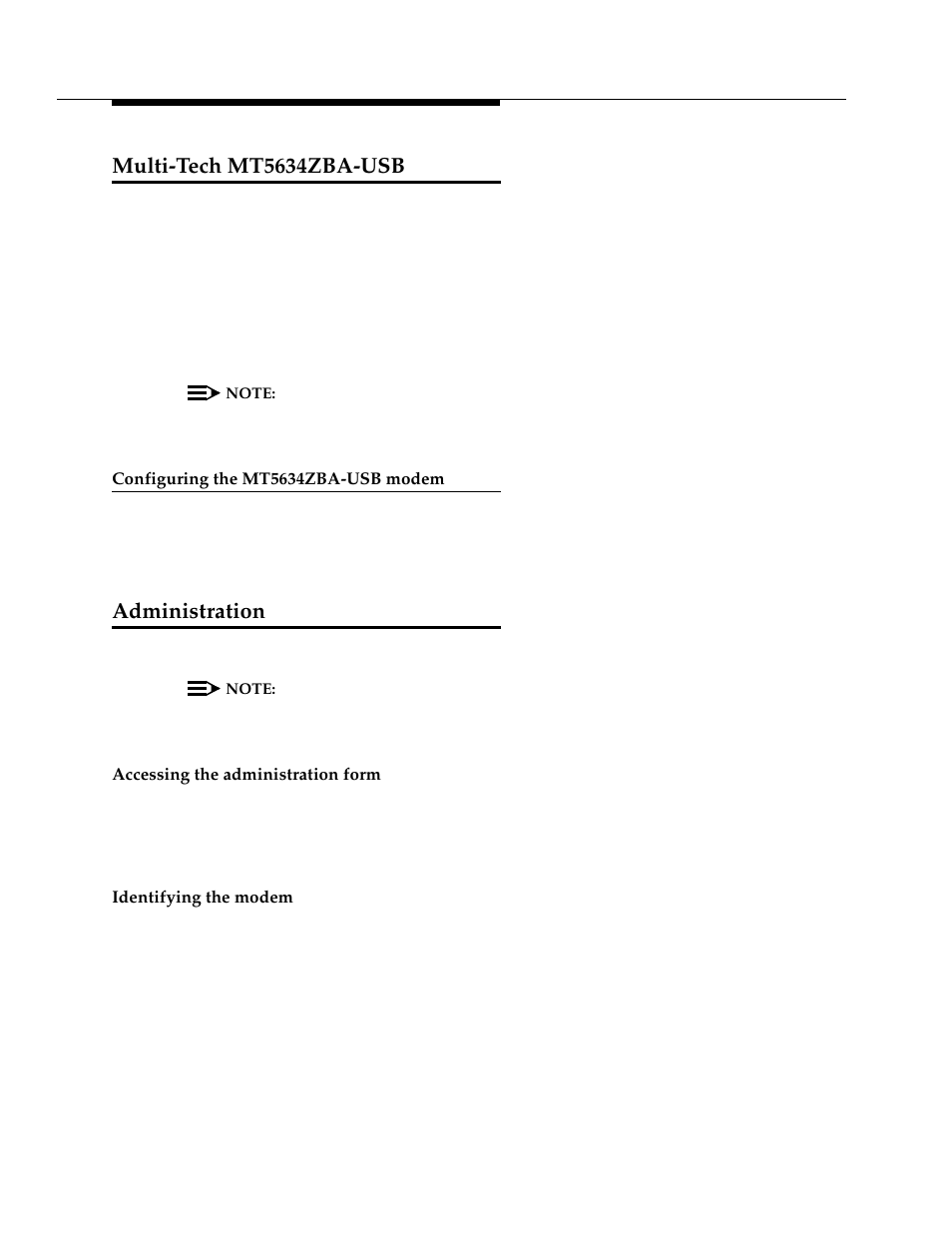 Multi-tech mt5634zba-usb, Configuring the mt5634zba-usb modem, Administration | Accessing the administration form, Identifying the modem | Avaya 555-233-116 User Manual | Page 110 / 246