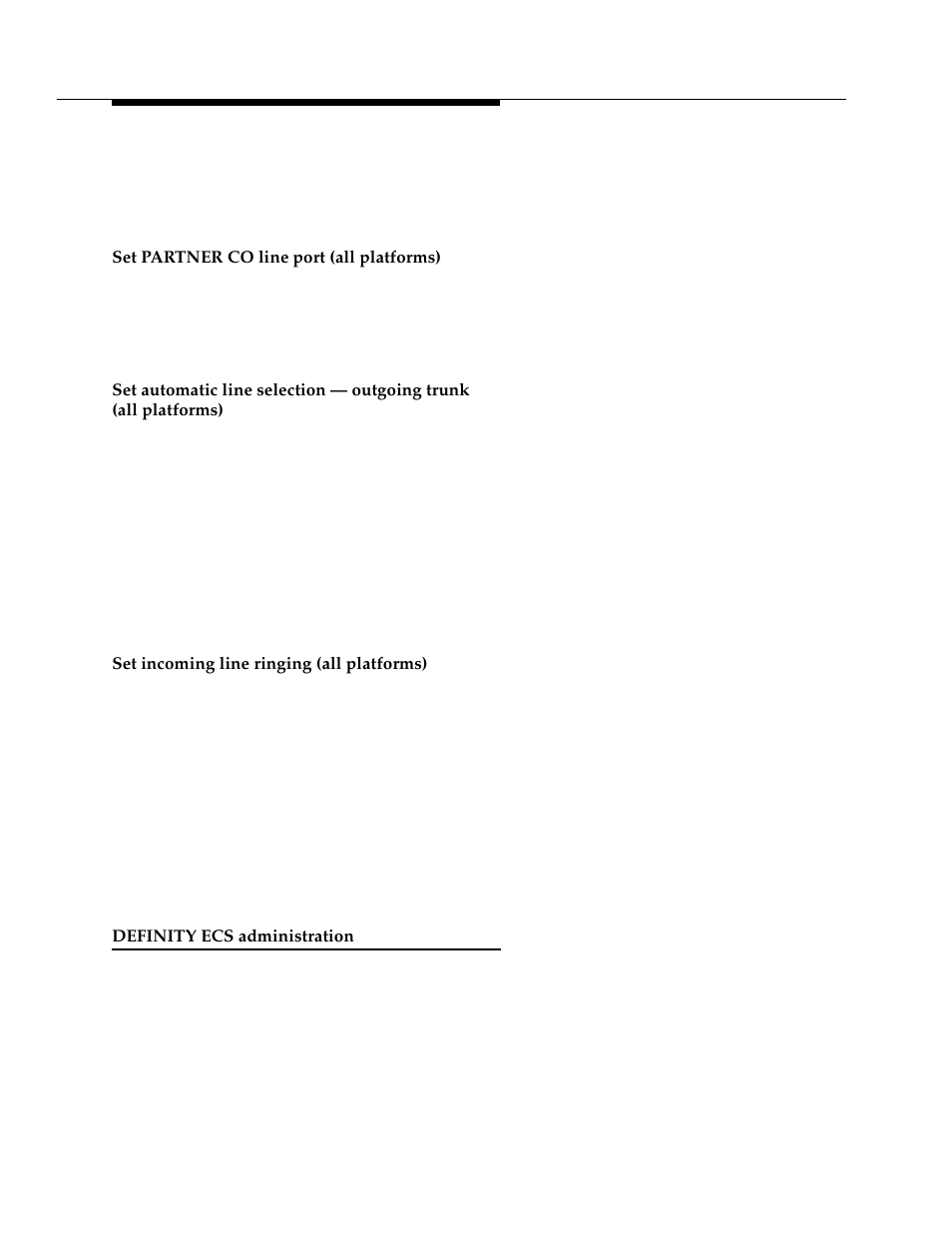 Set partner co line port (all platforms), Set incoming line ringing (all platforms), Definity ecs administration | Avaya 555-233-116 User Manual | Page 186 / 246