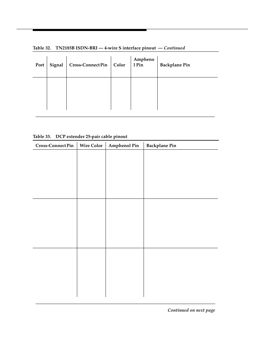 Appendix a, Table 33, Dcp extender 25-pair cable pinout | Avaya 555-233-116 User Manual | Page 236 / 246