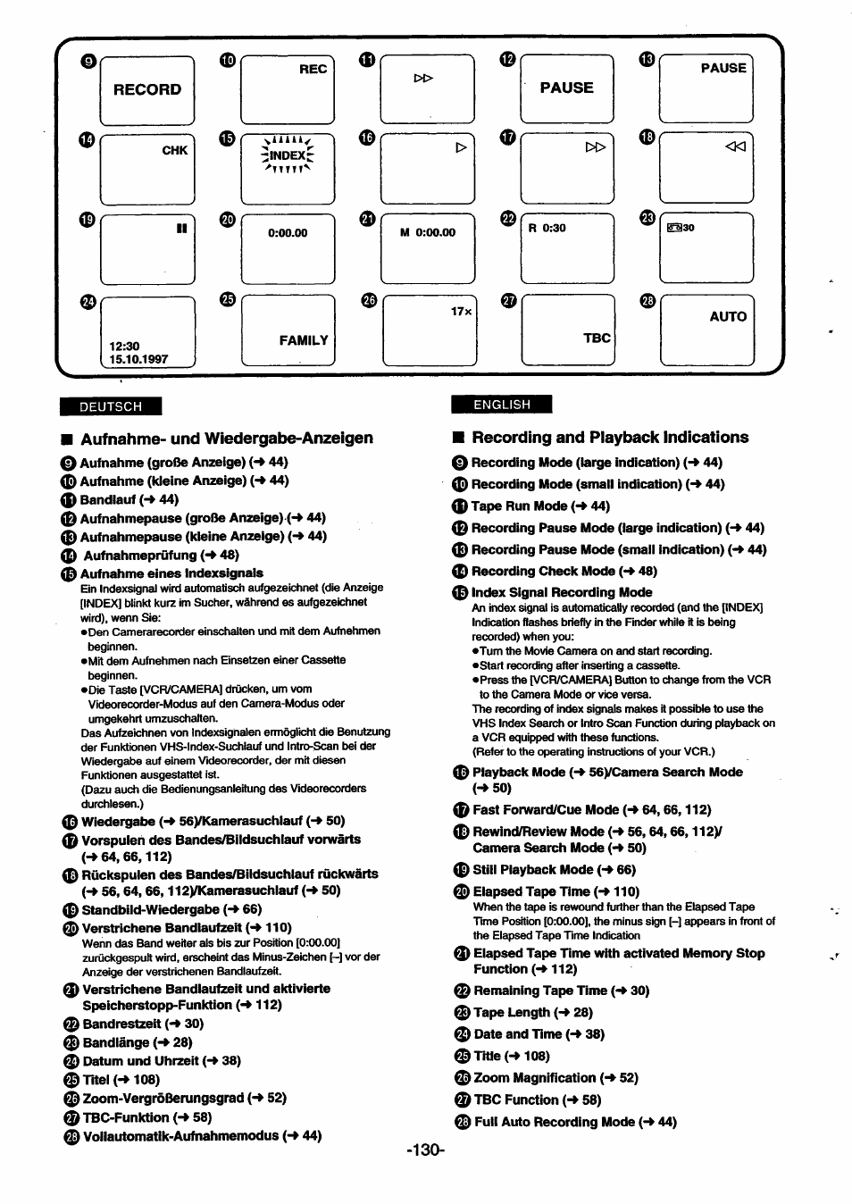Record, Pause, Aufnahme- und wiedergabe-anzeigen | 0trtle(->1o8) 0 | Panasonic NVSX30EG User Manual | Page 130 / 146