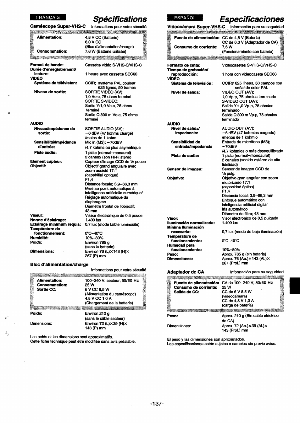 Spécifications, Especificaciones, Specifications | Panasonic NVSX30EG User Manual | Page 137 / 146