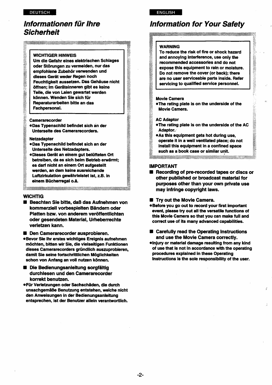 Informationen für ihre sicherheit | Panasonic NVSX30EG User Manual | Page 2 / 146