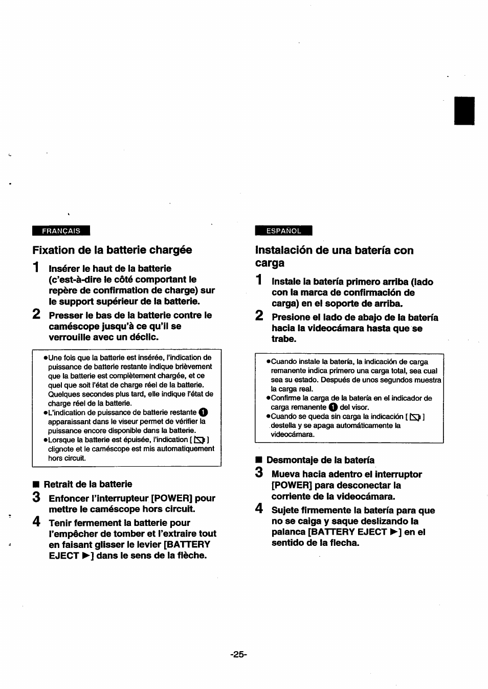Fixation de ia batterie chargée, Instalación de una batería con carga, Fixation de la batterie chargée | Panasonic NVSX30EG User Manual | Page 25 / 146