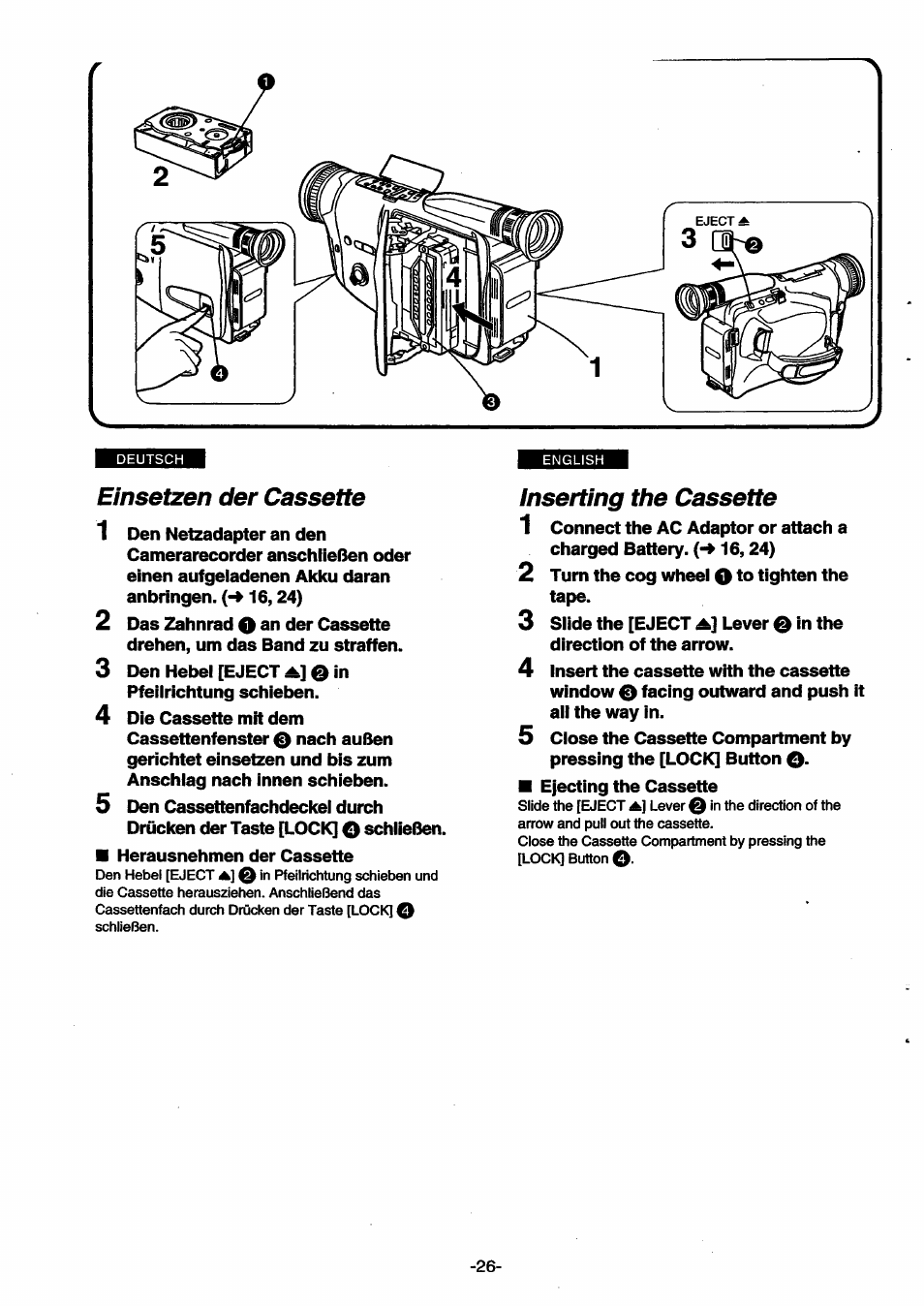 Einsetzen der cassette, Inserting the cassette | Panasonic NVSX30EG User Manual | Page 26 / 146