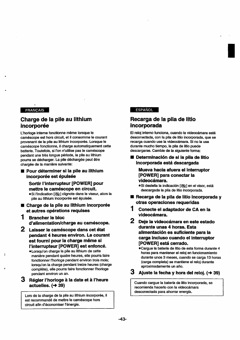 Charge de la pile au lithium incorporée, Recarga de la pila de litio incorporada | Panasonic NVSX30EG User Manual | Page 43 / 146