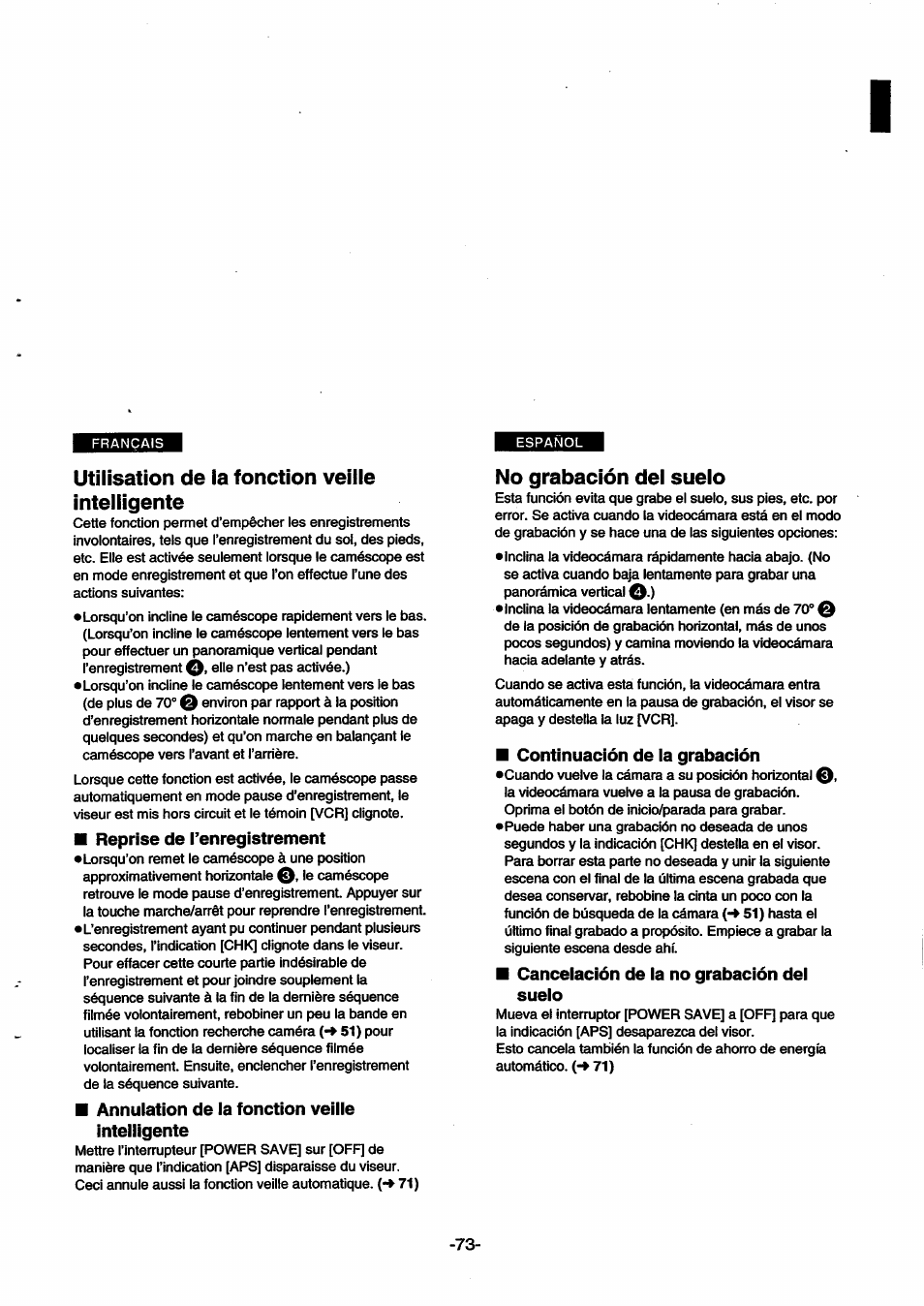 Utilisation de ia fonction veille intelligente, Reprise de l’enregistrement, Annulation de la fonction veille intelligente | No grabación del suelo, Continuación de ia grabación, Canceiación de ia no grabación dei sueio, Utilisation de la fonction veille intelligente | Panasonic NVSX30EG User Manual | Page 73 / 146