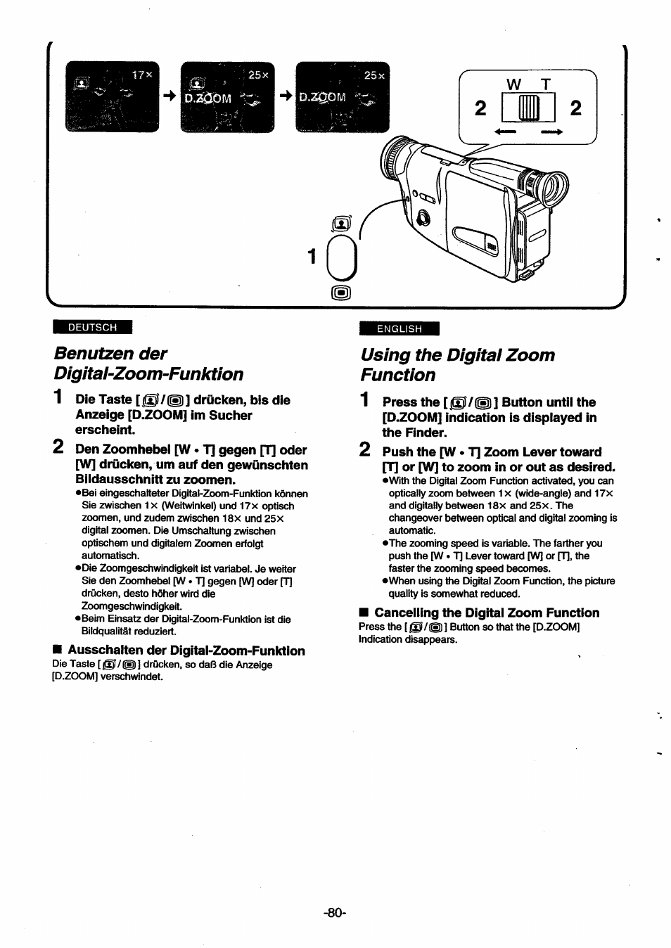 Benutzen der digital-zoom-funktion, Using the digital zoom function, Digital zoom functions | Panasonic NVSX30EG User Manual | Page 80 / 146