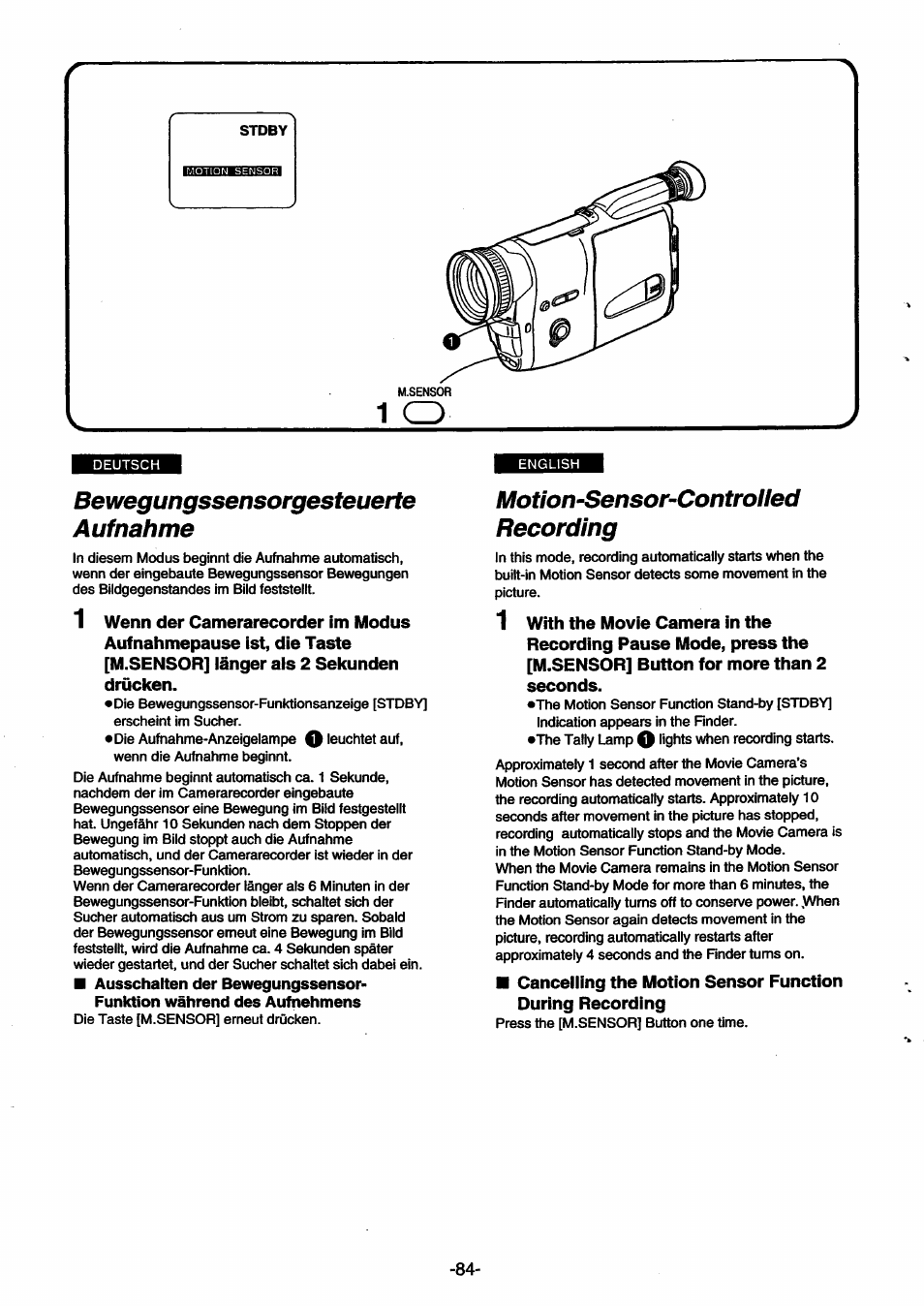 Bewegungssensorgesteuerte, Aufnahme, Motion-sensor-controlled | Recording, Bewegungssensorgesteuerte aufnahme, Motion-sensor-controlled recording | Panasonic NVSX30EG User Manual | Page 84 / 146