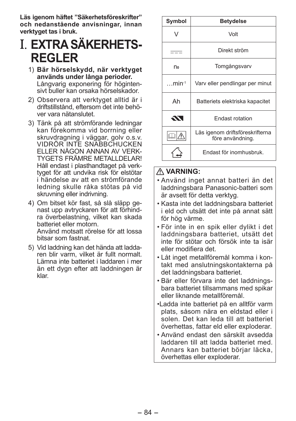 Extra säkerhets- regler | Panasonic EY7411 User Manual | Page 84 / 140