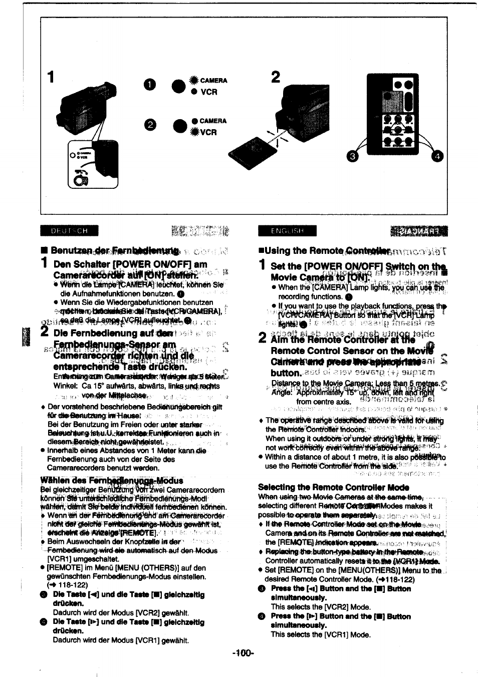 Wutlin des fiml^n, Selecting the remote controher mode, Fefhbsdieneh ktihhm | Panasonic NVDS1EG User Manual | Page 100 / 180