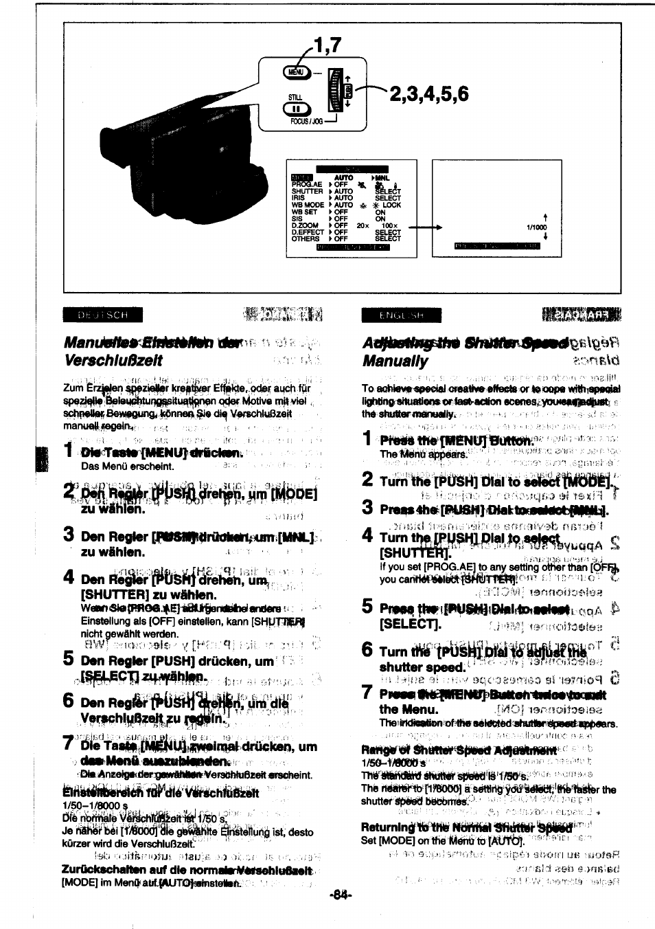 1 omtasto{menu}<iricl«nil, Neiurntngto ine, Tmh ondiibr opipm | Verschlußzelt, Manually | Panasonic NVDS1EG User Manual | Page 84 / 180