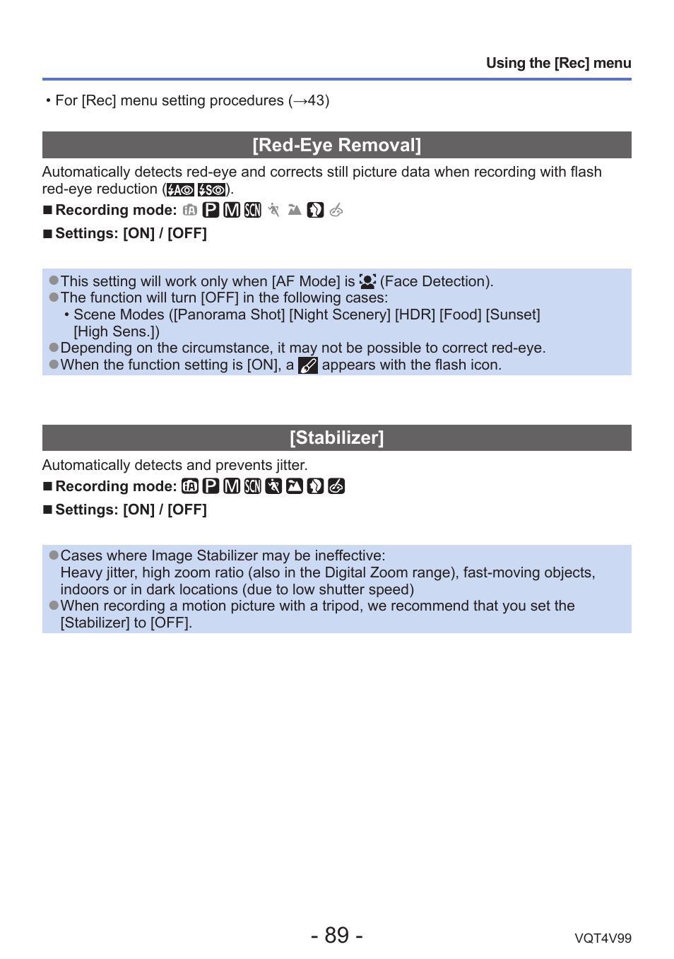 Red-eye removal, Stabilizer | Panasonic DMC-LZ30K User Manual | Page 89 / 128