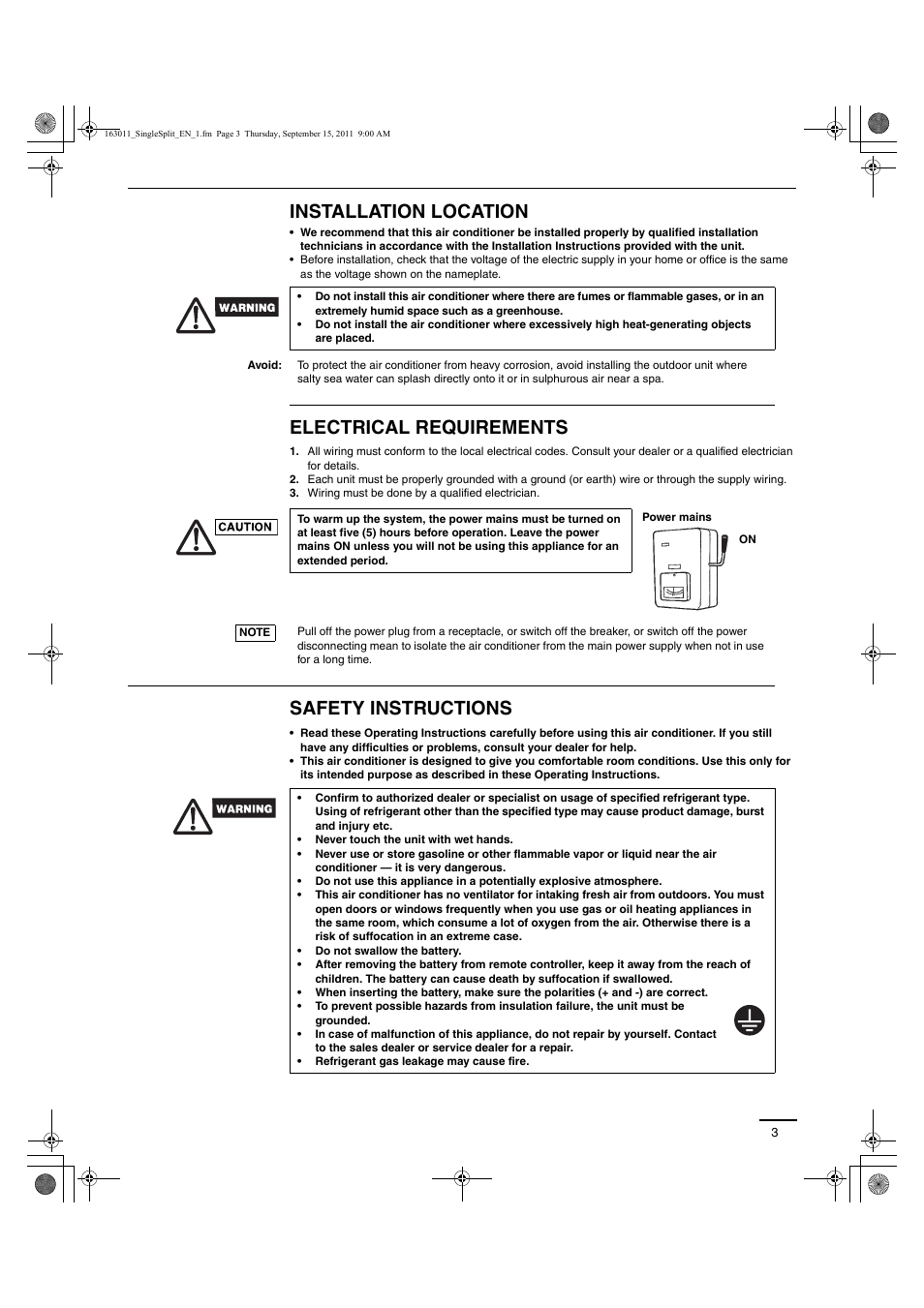 Installation location, Electrical requirements, Safety instructions | Panasonic 26PST1U6 User Manual | Page 3 / 28