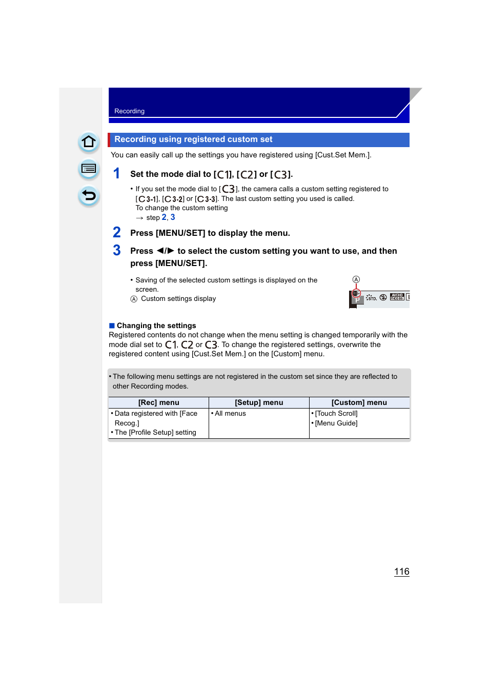 Recording using registered custom set | Panasonic DMC-GH3KBODY User Manual | Page 116 / 319