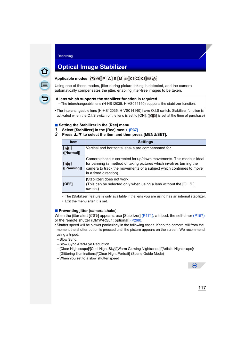 Optical image stabilizer, P117) | Panasonic DMC-GH3KBODY User Manual | Page 117 / 319