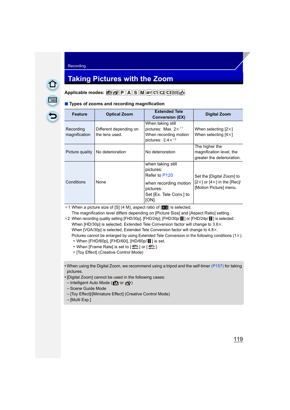 Taking pictures with the zoom, P119) | Panasonic DMC-GH3KBODY User Manual | Page 119 / 319