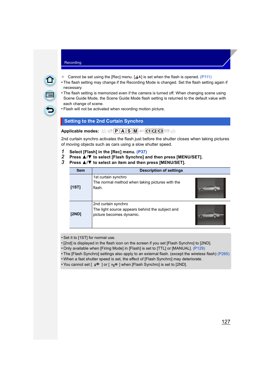 Setting to the 2nd curtain synchro | Panasonic DMC-GH3KBODY User Manual | Page 127 / 319