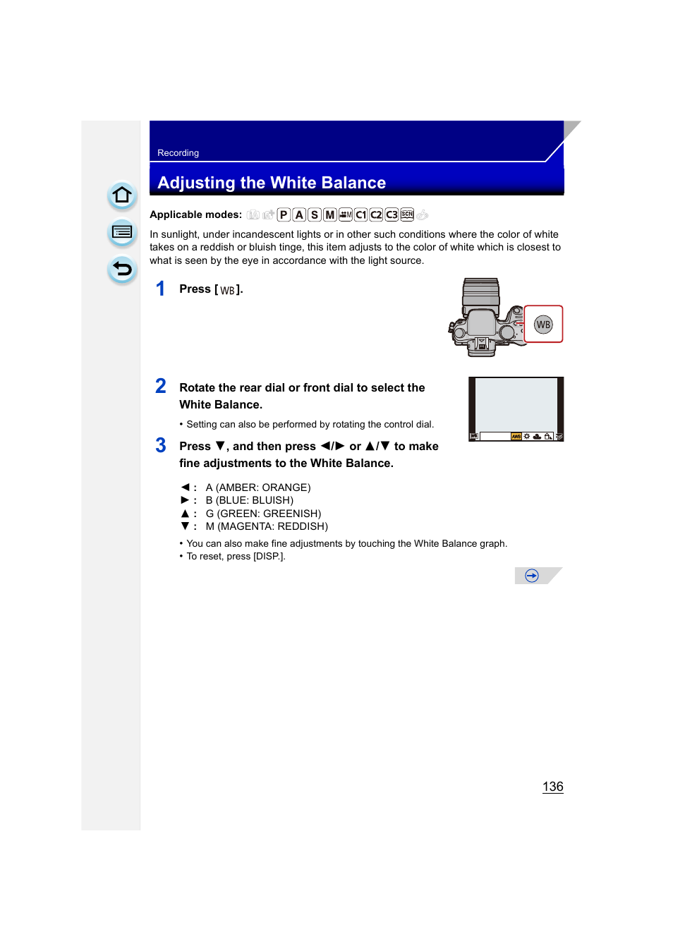 Adjusting the white balance, P136), Press | Panasonic DMC-GH3KBODY User Manual | Page 136 / 319