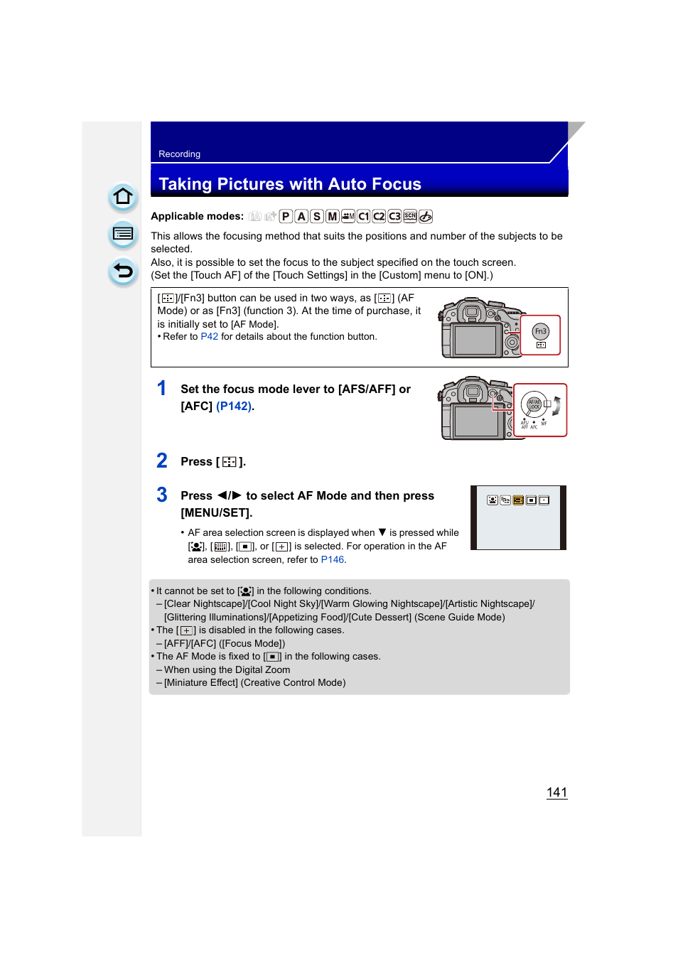 Taking pictures with auto focus, S mode lever, P141) | Panasonic DMC-GH3KBODY User Manual | Page 141 / 319