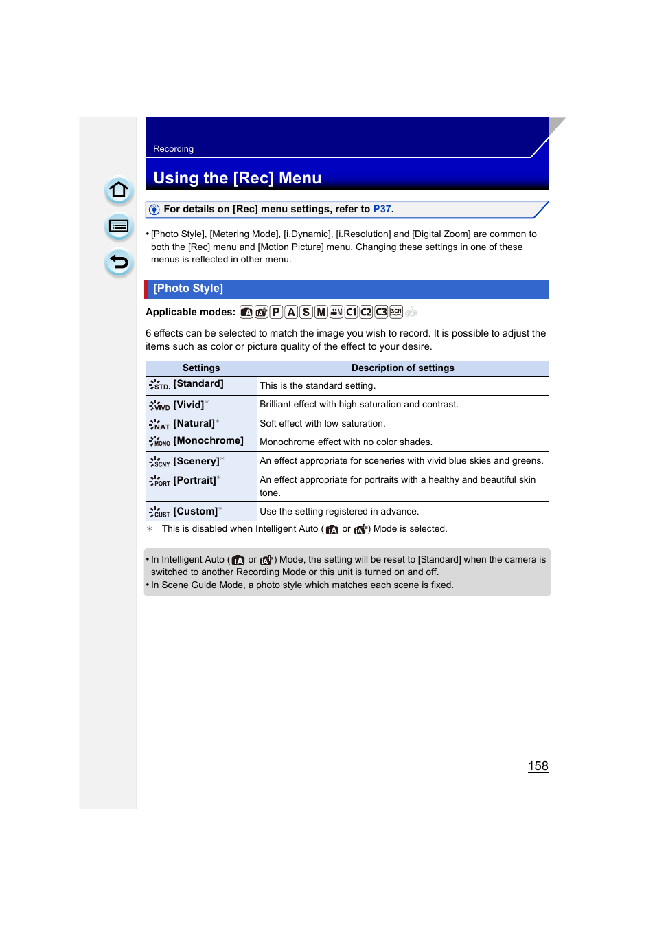 Using the [rec] menu, Photo style, P158 | P158) | Panasonic DMC-GH3KBODY User Manual | Page 158 / 319