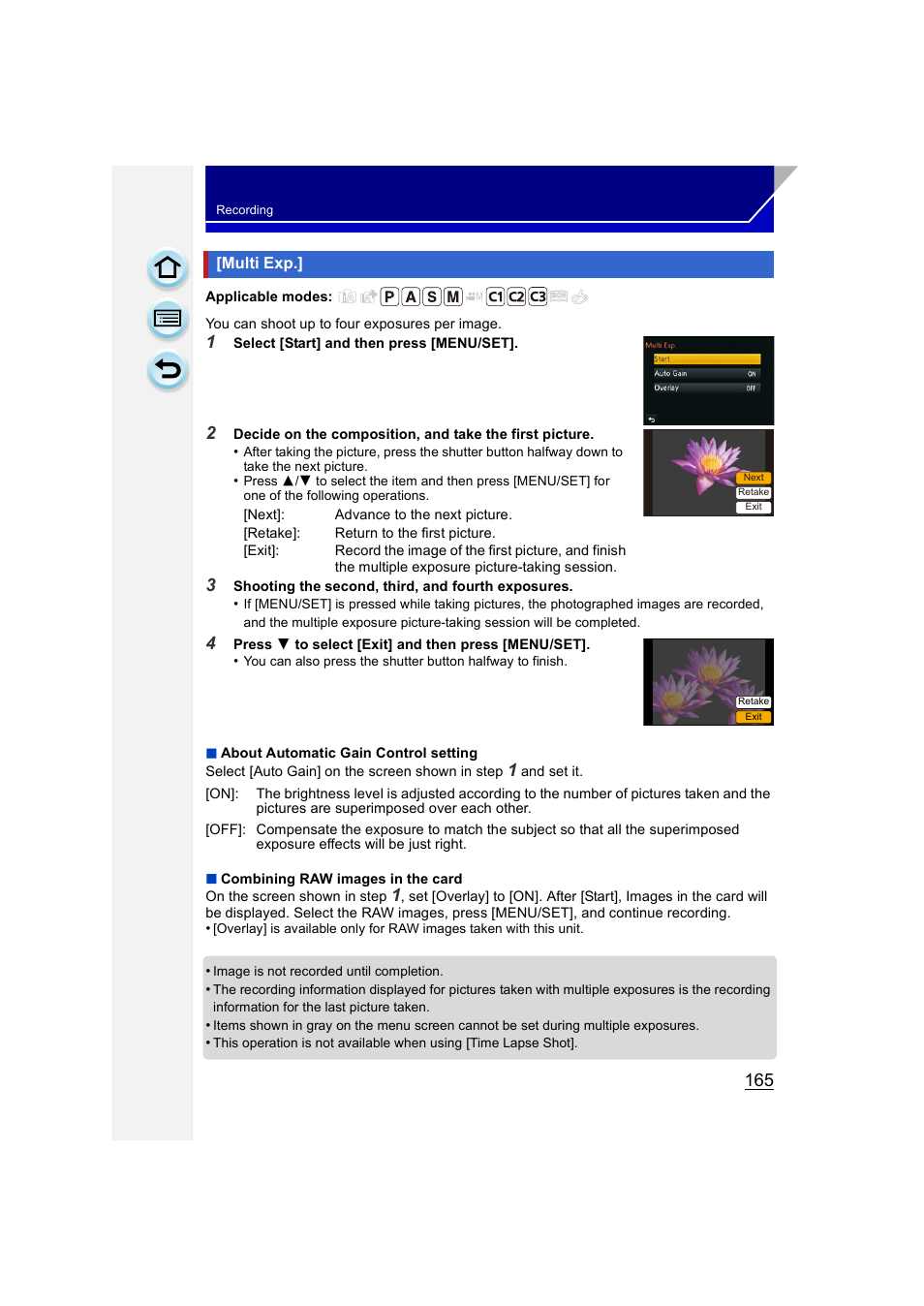 Multi exp | Panasonic DMC-GH3KBODY User Manual | Page 165 / 319