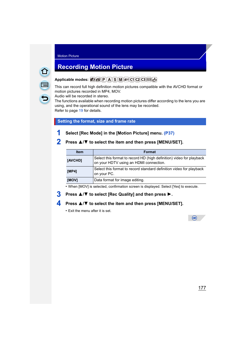 Motion picture, Recording motion picture, Setting the format, size and frame rate | P177) | Panasonic DMC-GH3KBODY User Manual | Page 177 / 319