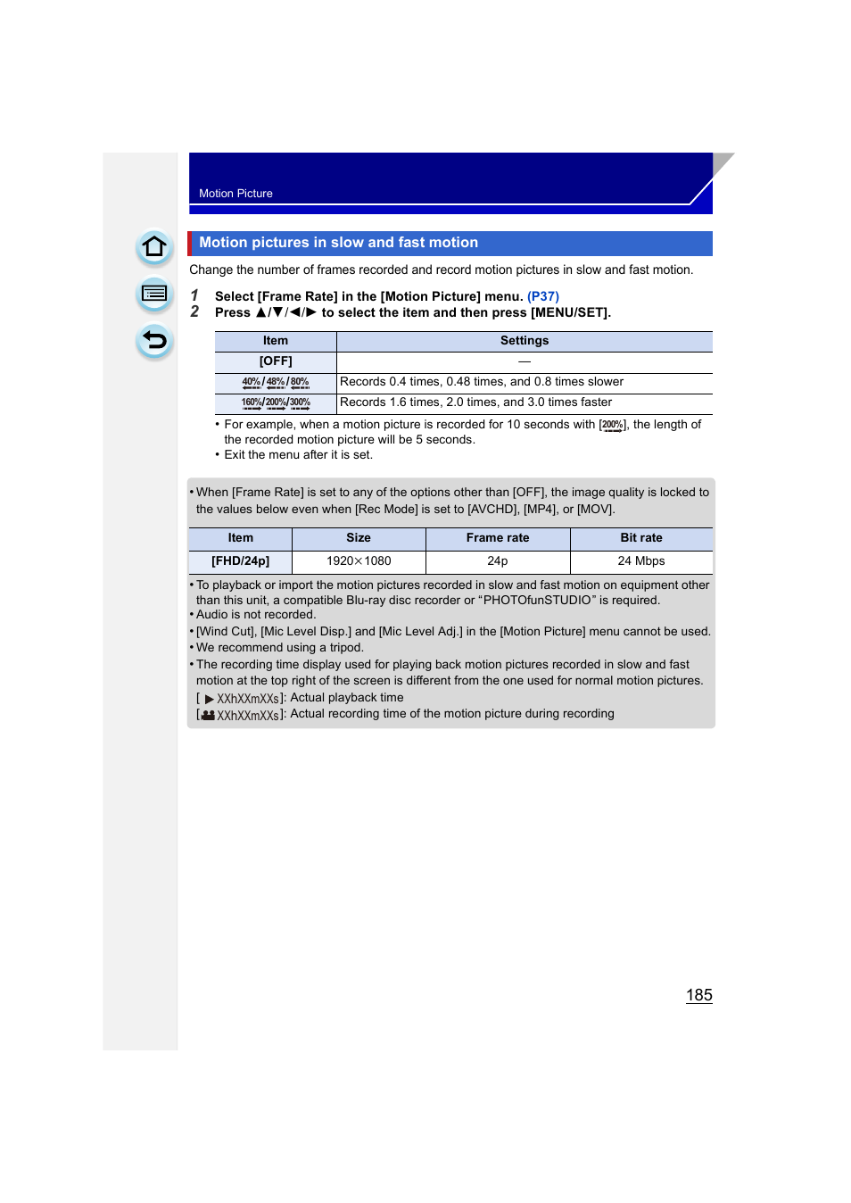Motion pictures in slow and fast motion, P185) | Panasonic DMC-GH3KBODY User Manual | Page 185 / 319