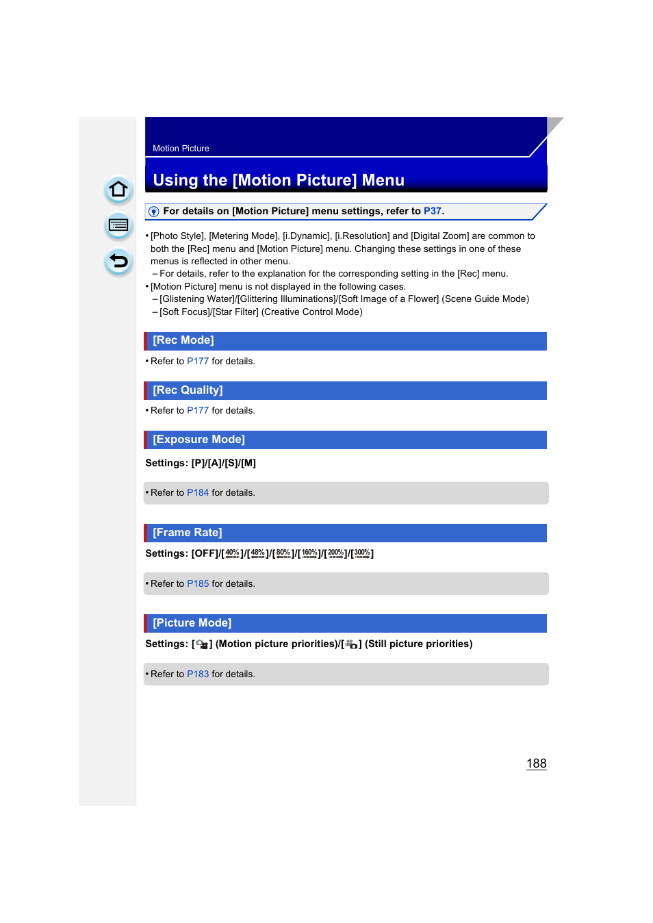 Using the [motion picture] menu, Rec mode, Rec quality | Exposure mode, Frame rate, Picture mode, P188, P188) | Panasonic DMC-GH3KBODY User Manual | Page 188 / 319