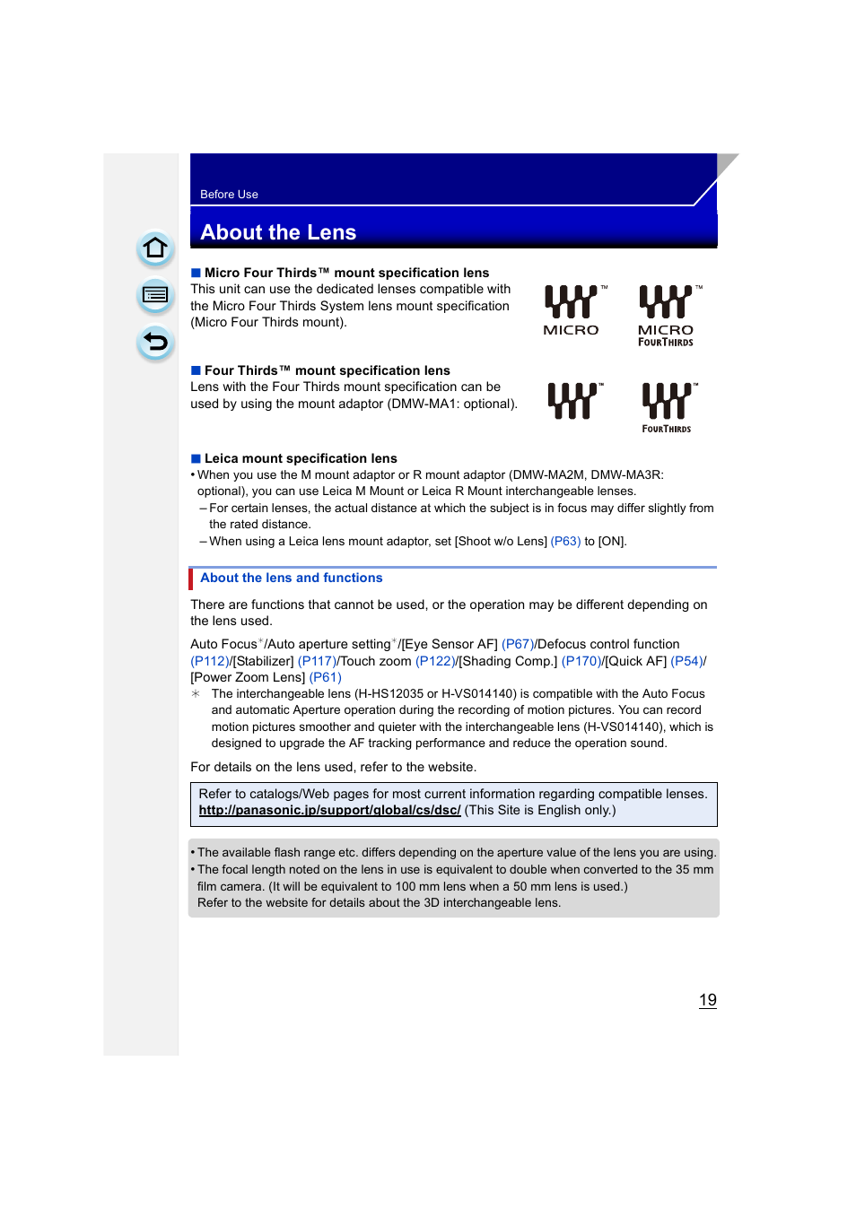 About the lens | Panasonic DMC-GH3KBODY User Manual | Page 19 / 319