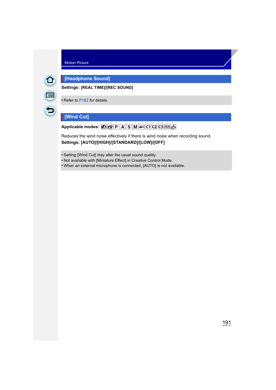 Headphone sound, Wind cut, Headphone sound] • [wind cut | Panasonic DMC-GH3KBODY User Manual | Page 191 / 319