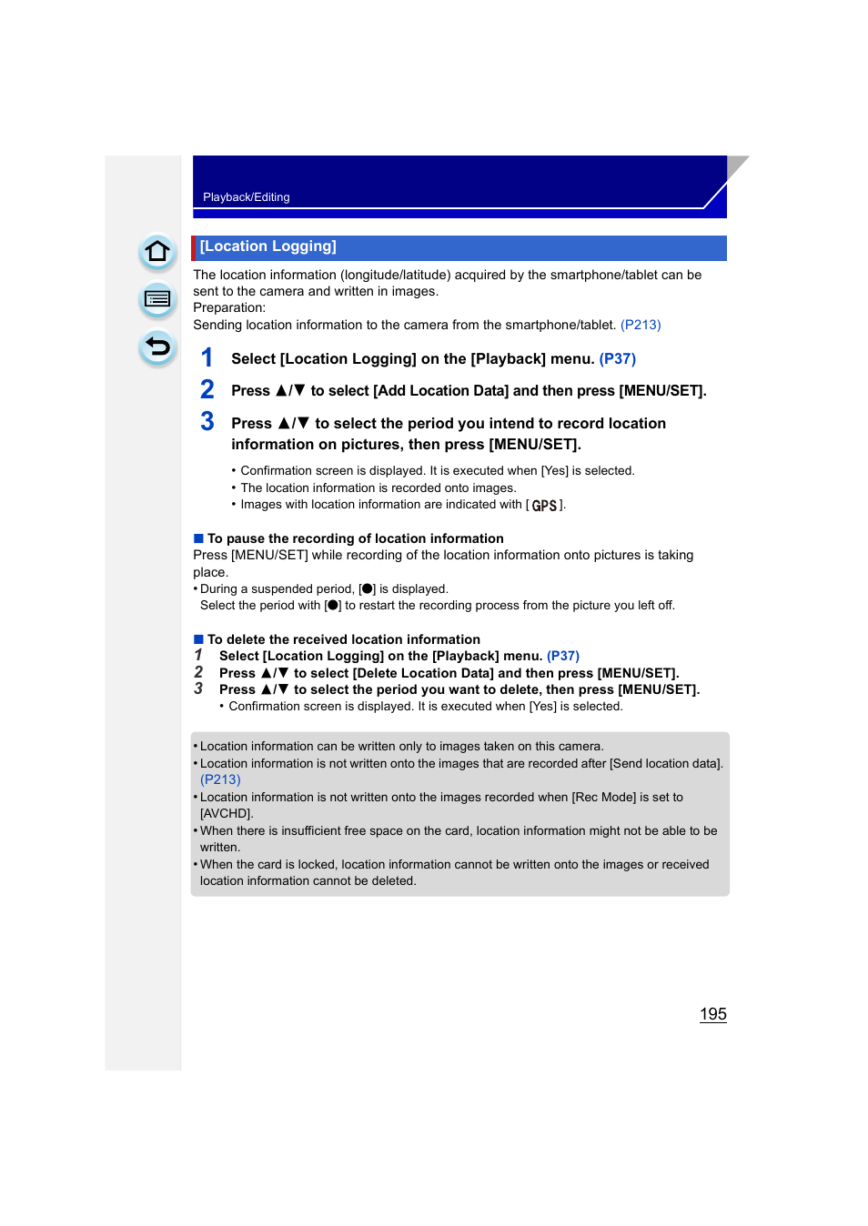 Location logging | Panasonic DMC-GH3KBODY User Manual | Page 195 / 319