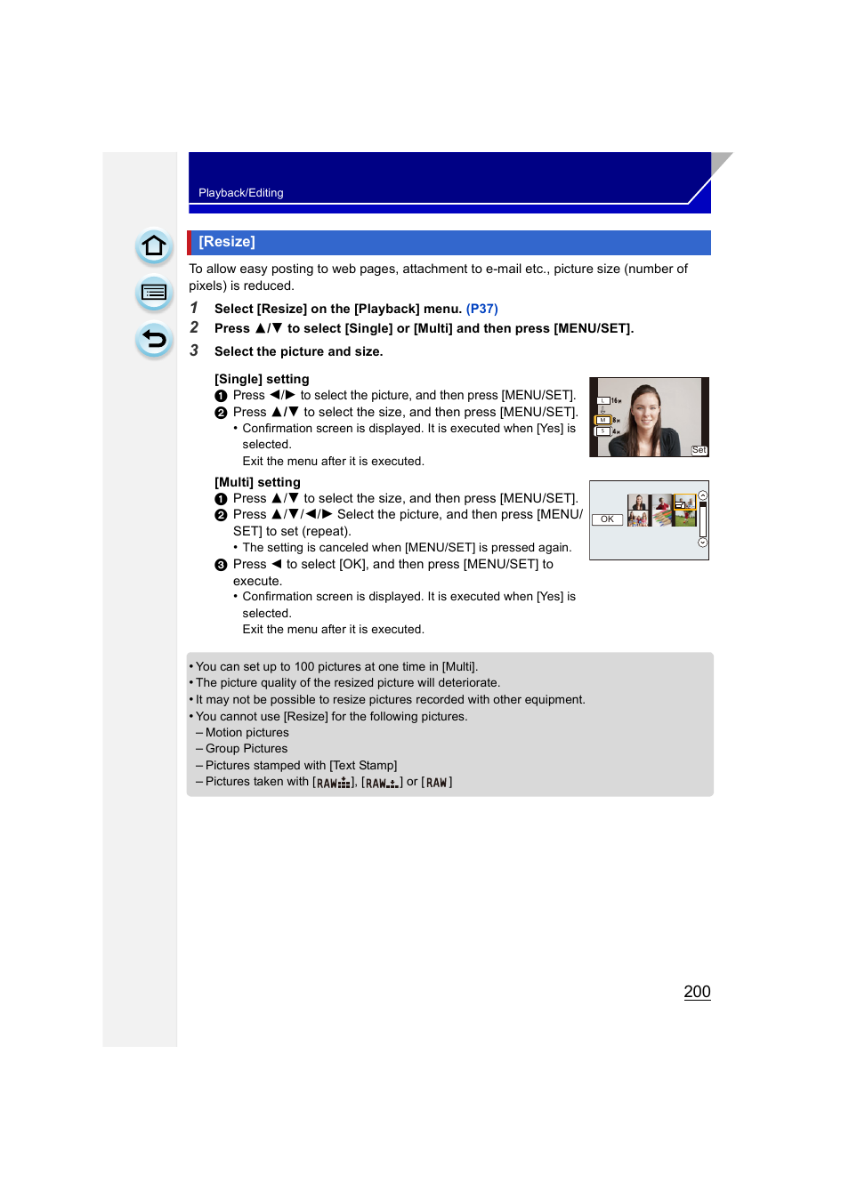 Resize | Panasonic DMC-GH3KBODY User Manual | Page 200 / 319