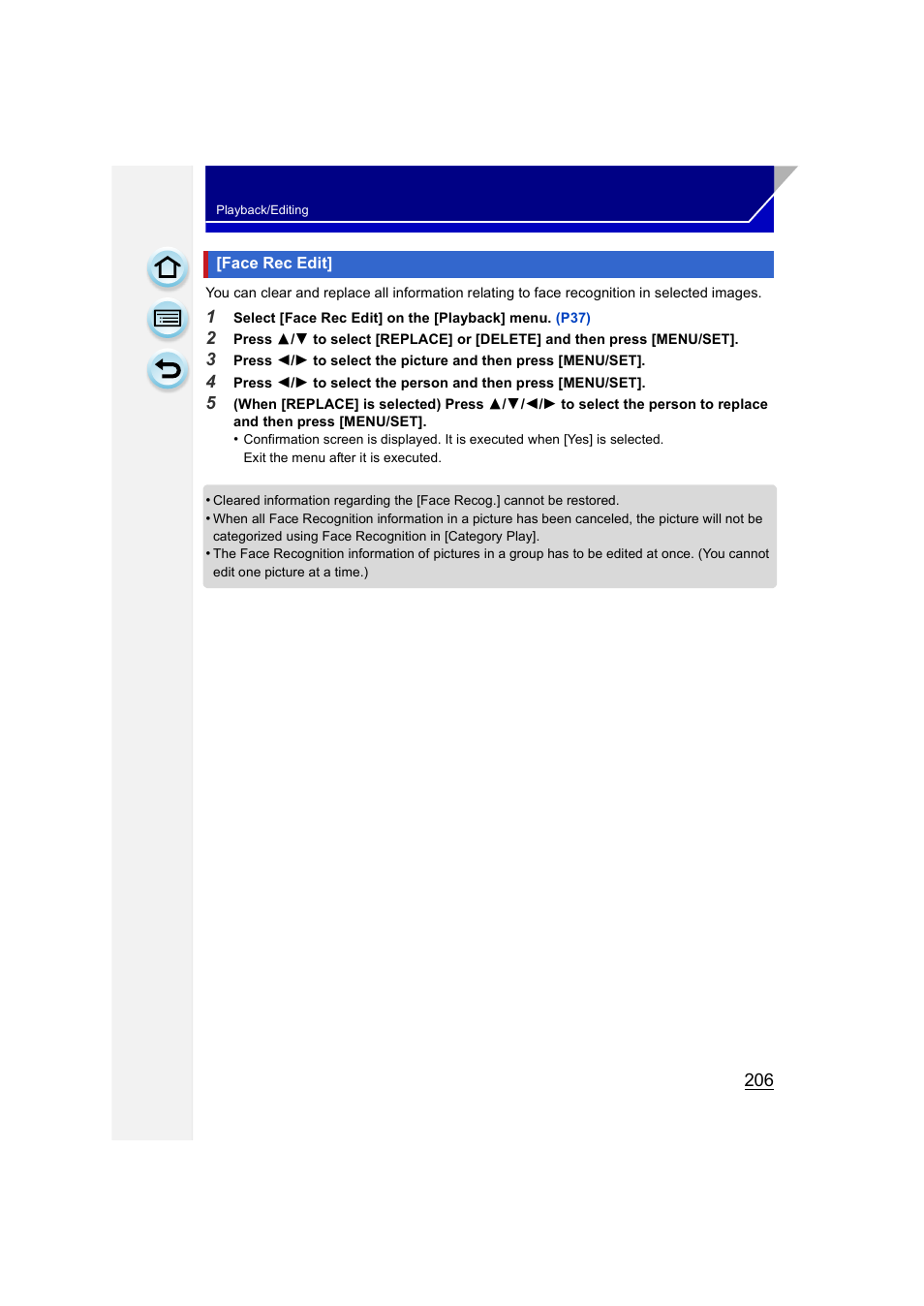 Face rec edit, P206) | Panasonic DMC-GH3KBODY User Manual | Page 206 / 319
