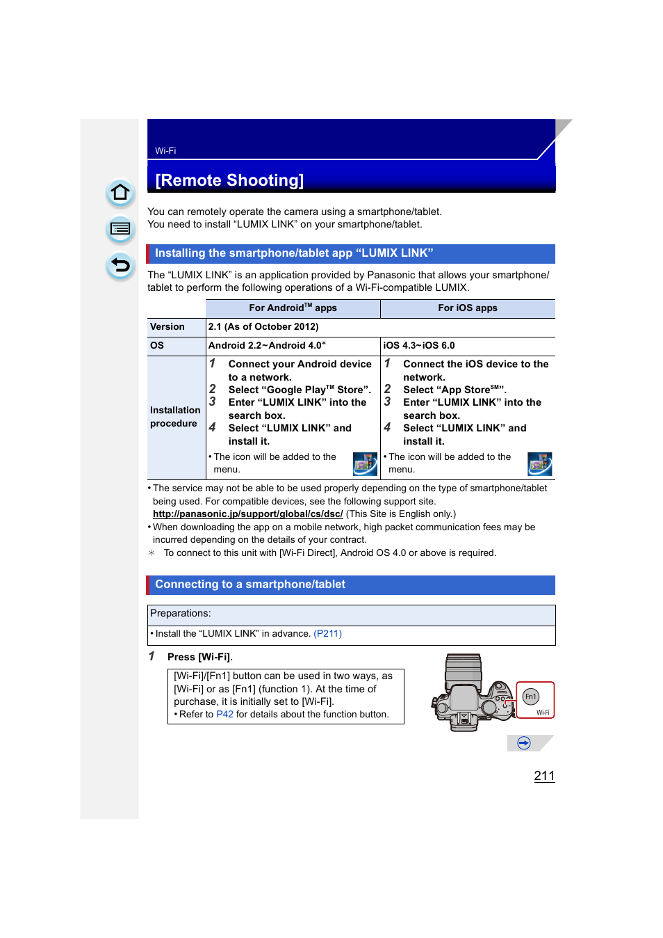 Remote shooting, Installing the smartphone/tablet app “lumix link, Connecting to a smartphone/tablet | P211) | Panasonic DMC-GH3KBODY User Manual | Page 211 / 319
