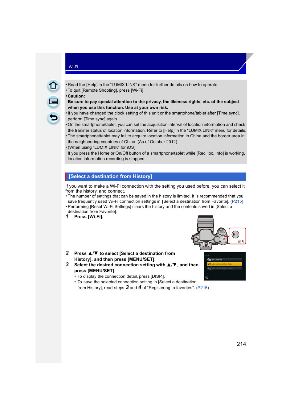 Select a destination from history, P214) | Panasonic DMC-GH3KBODY User Manual | Page 214 / 319