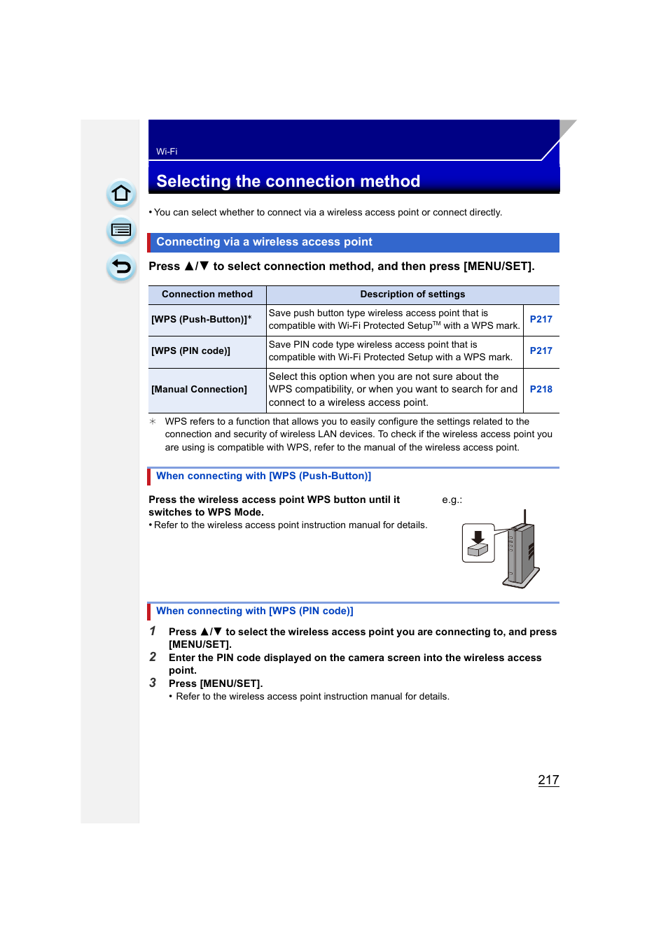 Selecting the connection method, Connecting via a wireless access point, P217 | Panasonic DMC-GH3KBODY User Manual | Page 217 / 319