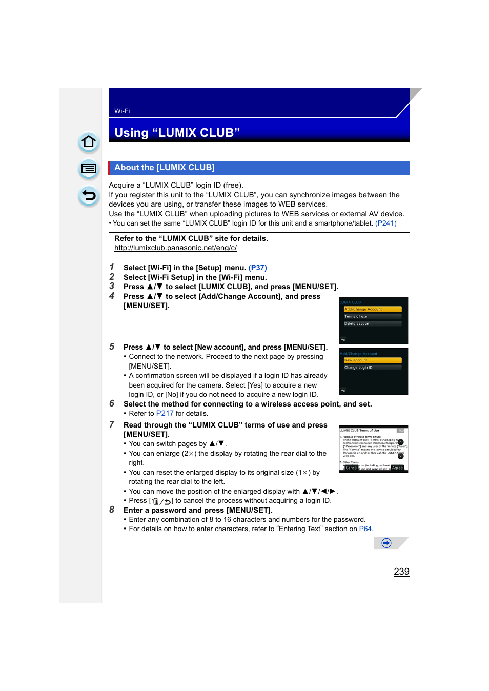 Using “lumix club, About the [lumix club, P239) | Panasonic DMC-GH3KBODY User Manual | Page 239 / 319