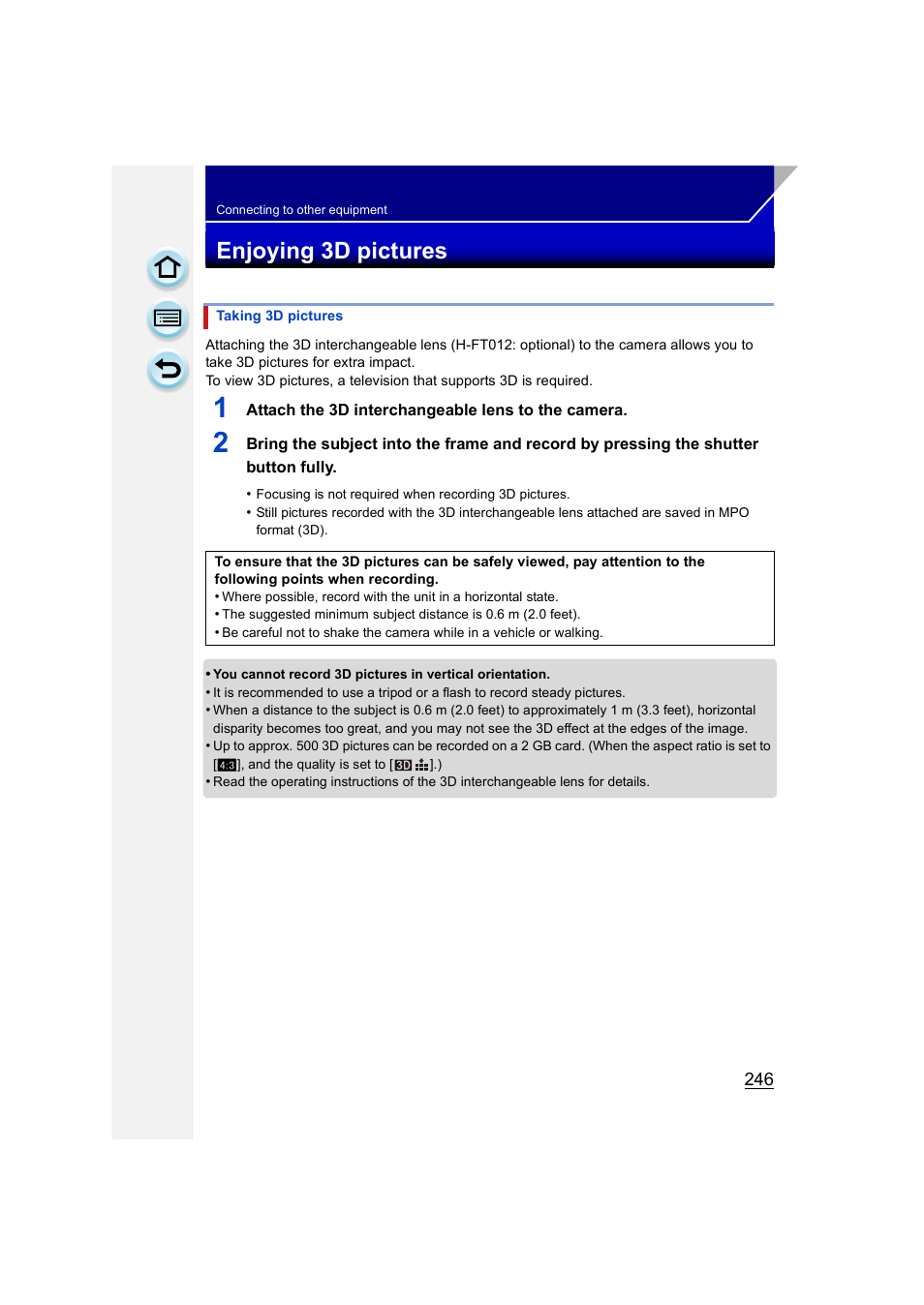 Connecting to other equipment, Enjoying 3d pictures | Panasonic DMC-GH3KBODY User Manual | Page 246 / 319