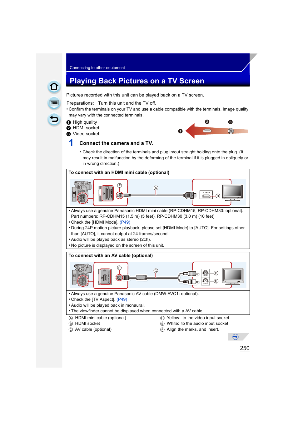 Playing back pictures on a tv screen, P250), P250 | Panasonic DMC-GH3KBODY User Manual | Page 250 / 319