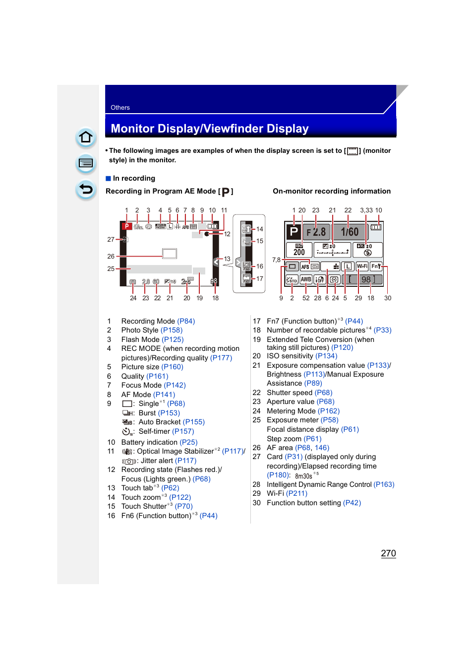 Monitor display/viewfinder display, P270, Monitor display | Viewfinder display | Panasonic DMC-GH3KBODY User Manual | Page 270 / 319