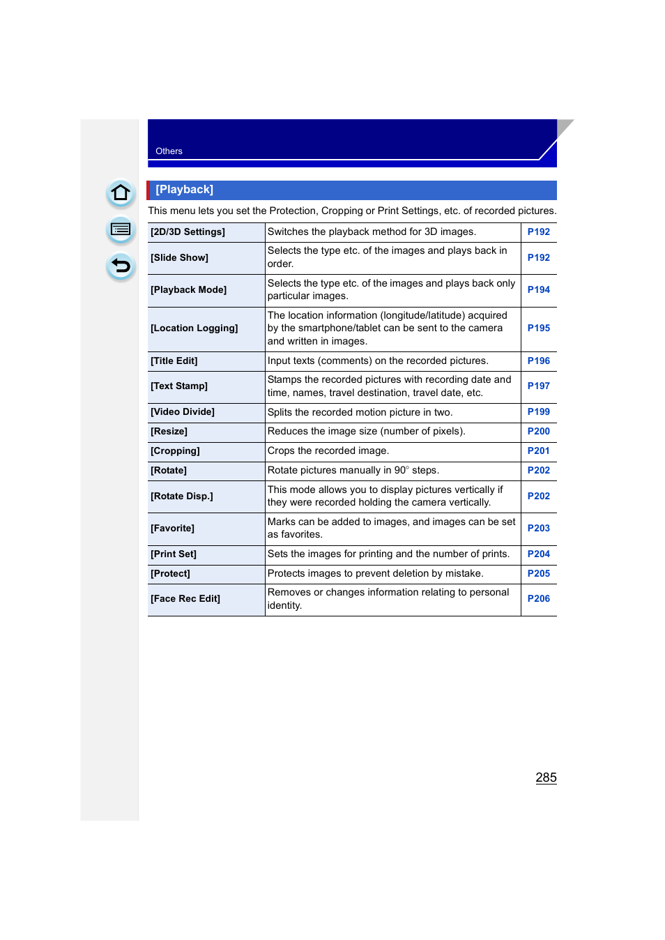 Playback, P285 | Panasonic DMC-GH3KBODY User Manual | Page 285 / 319