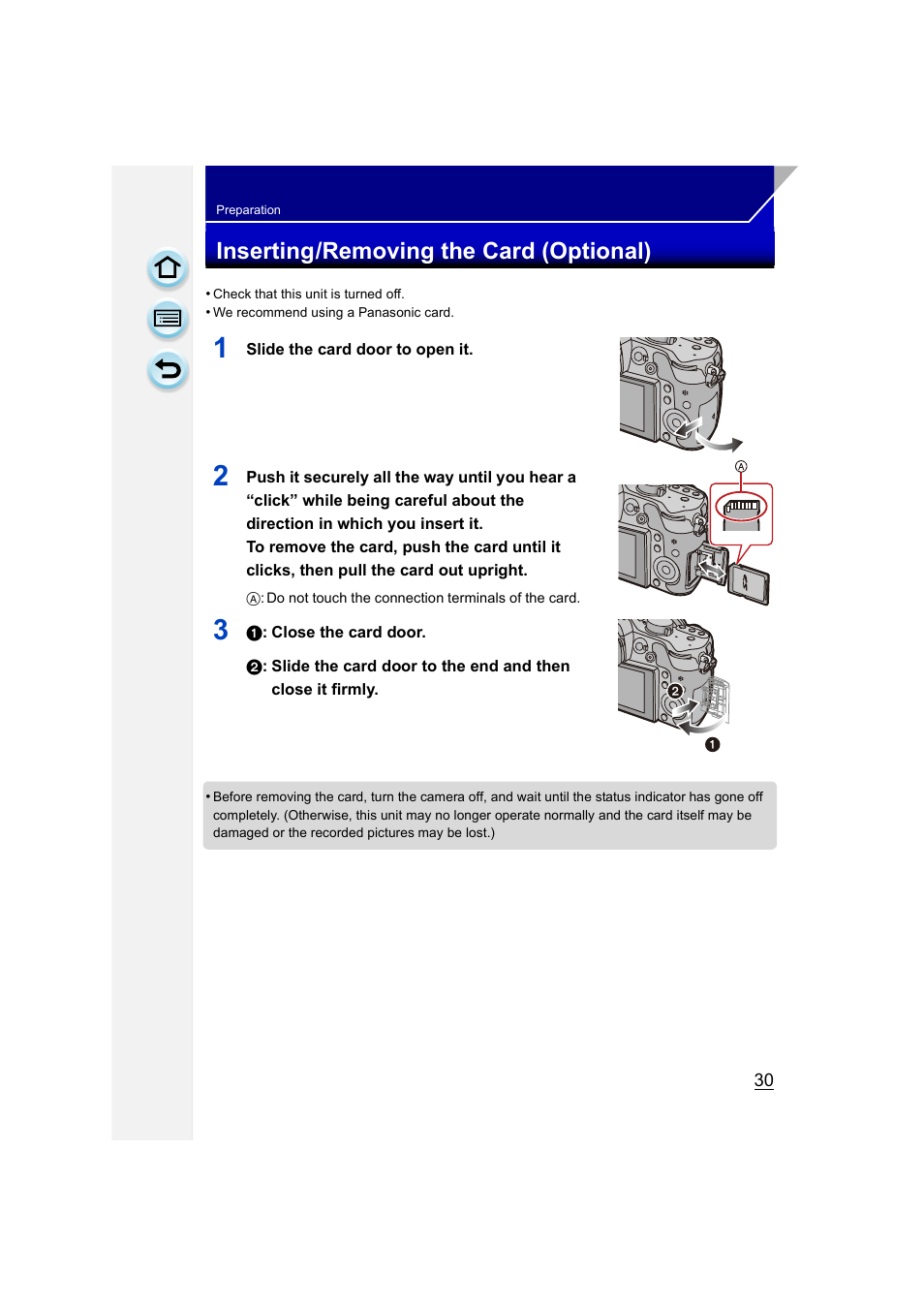 Inserting/removing the card (optional), Card door, P30) | Panasonic DMC-GH3KBODY User Manual | Page 30 / 319