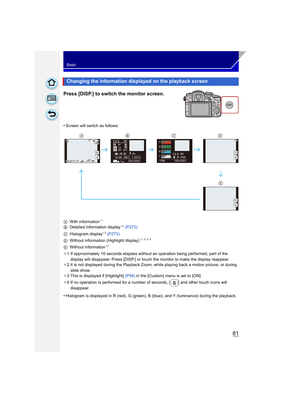Press [disp.] to switch the monitor screen | Panasonic DMC-GH3KBODY User Manual | Page 81 / 319