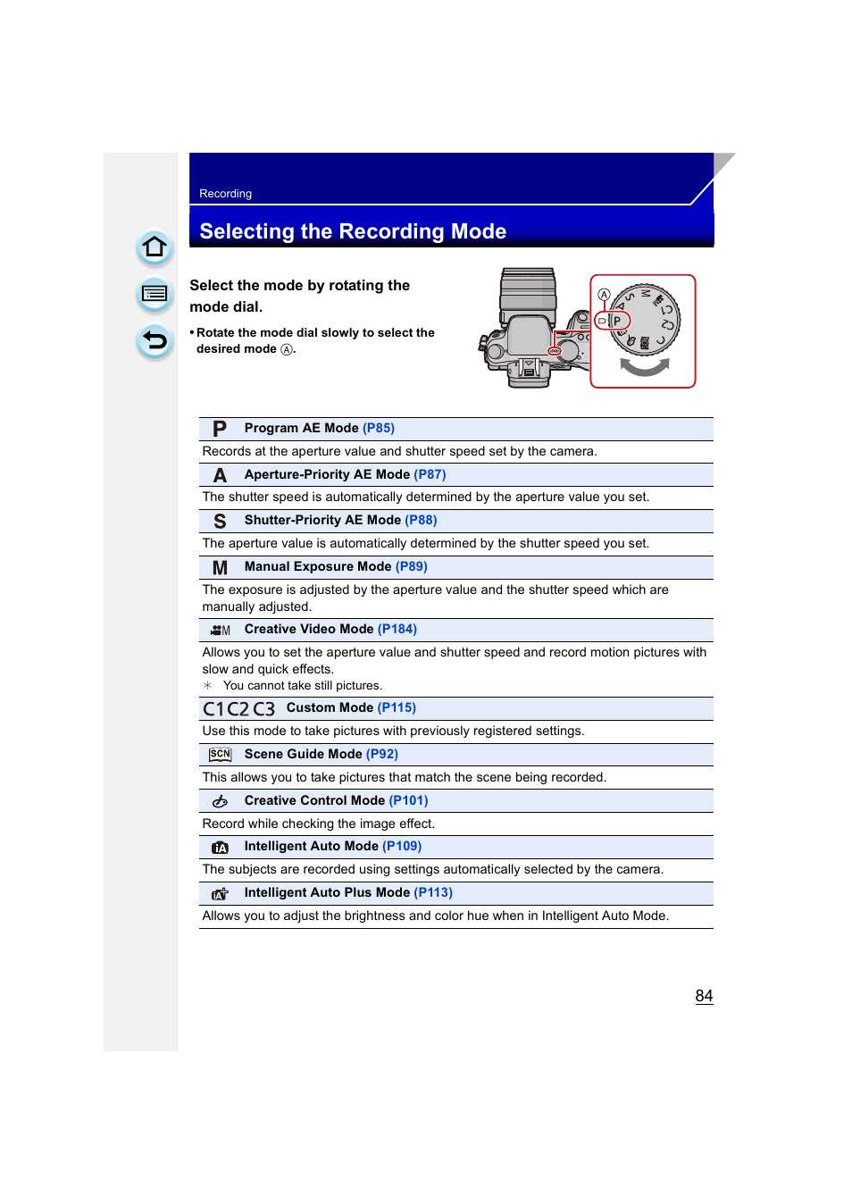 Recording, Selecting the recording mode, Mode dial | P84) | Panasonic DMC-GH3KBODY User Manual | Page 84 / 319