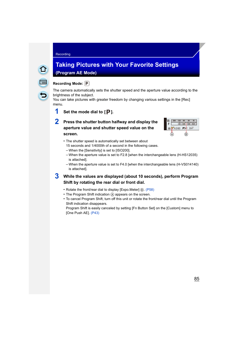 P85), Taking pictures with your favorite settings, Program ae mode) | Panasonic DMC-GH3KBODY User Manual | Page 85 / 319