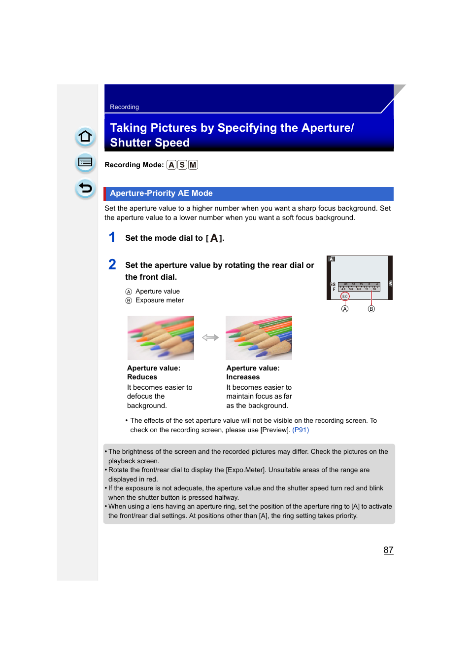 Aperture-priority ae mode, P87), Set the mode dial to | Panasonic DMC-GH3KBODY User Manual | Page 87 / 319