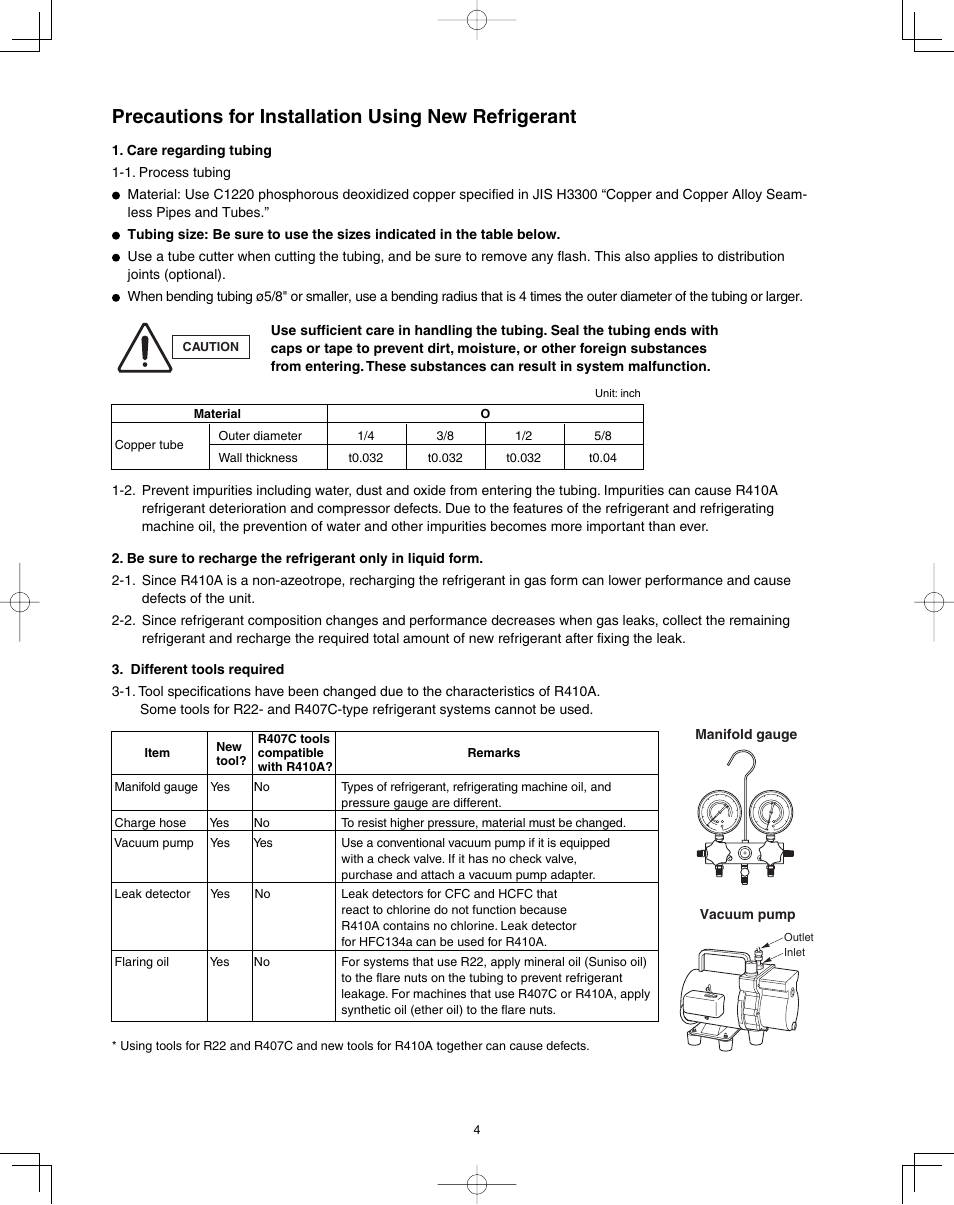 Precautions for installation using new refrigerant | Panasonic 36PET1U6 User Manual | Page 4 / 64
