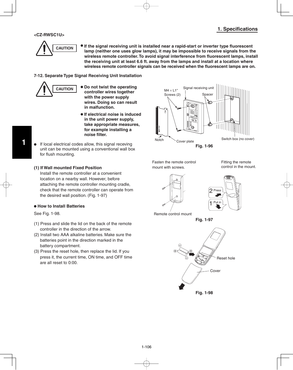 Specifications, Cz-rwsc1u, Fig. 1-98 | Fig. 1-96, Caution, Reset hole cover | Panasonic 36PEF1U6 User Manual | Page 112 / 198
