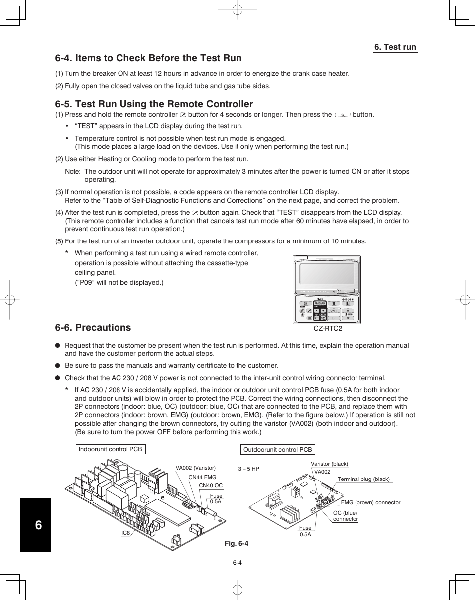 4. items to check before the test run, 5. test run using the remote controller, 6. precautions | Panasonic 36PEF1U6 User Manual | Page 192 / 198